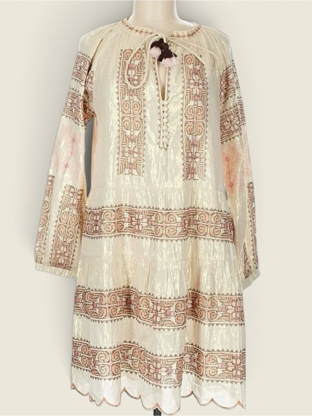 Rose and Rose Ravello Embroidered Metallic Dress Luxe Boho $385 Art to Wear Med